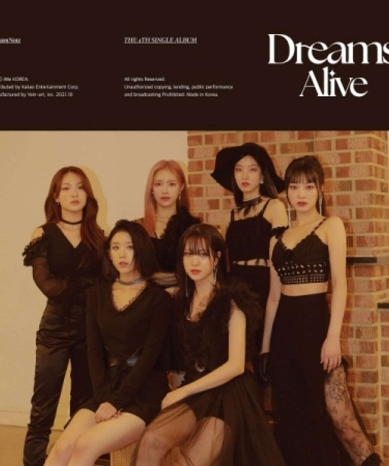 DREAMNOTE - 4TH [DREAMS ALIVE] - Album Kpop : photo du groupe DREAMNOTE devant un mur brique, couverture promotionnelle