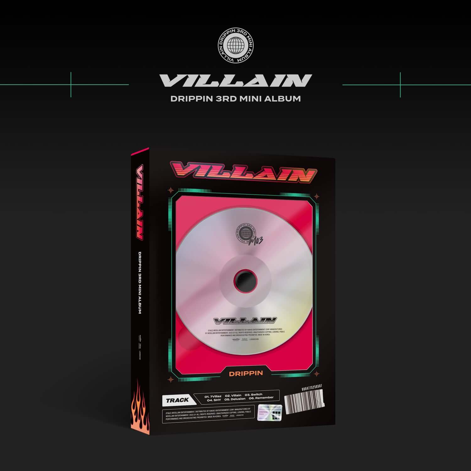 DRIPPIN - 3rd Album [Villain] A ver. - Album Kpop, pochette noire “VILLAIN” avec CD et visuel feu, marque DRIPPIN.
