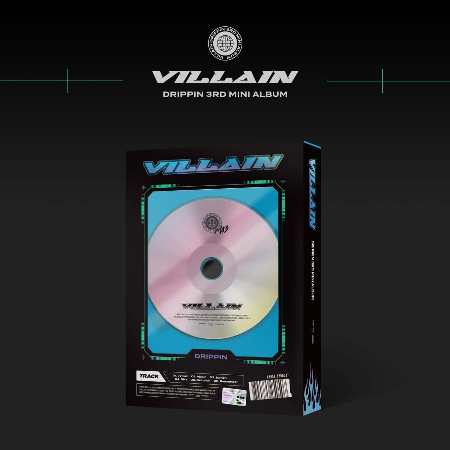 DRIPPIN - 3rd Album [Villain] B ver. - Album Kpop, jaquette noire “VILLAIN” et boîtier CD en studio.