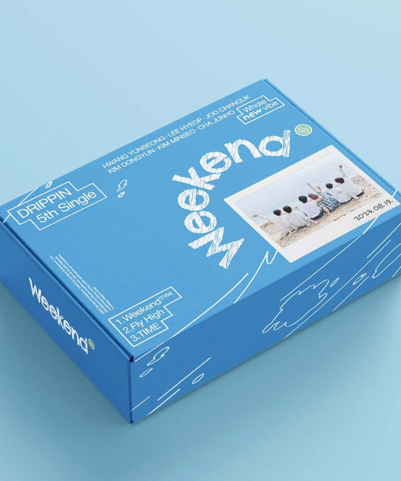 DRIPPIN - 5th Album [Weekend] (Weekend Ver.) - Album Kpop, boîte bleue sur fond bleu ciel, visuel Weekend