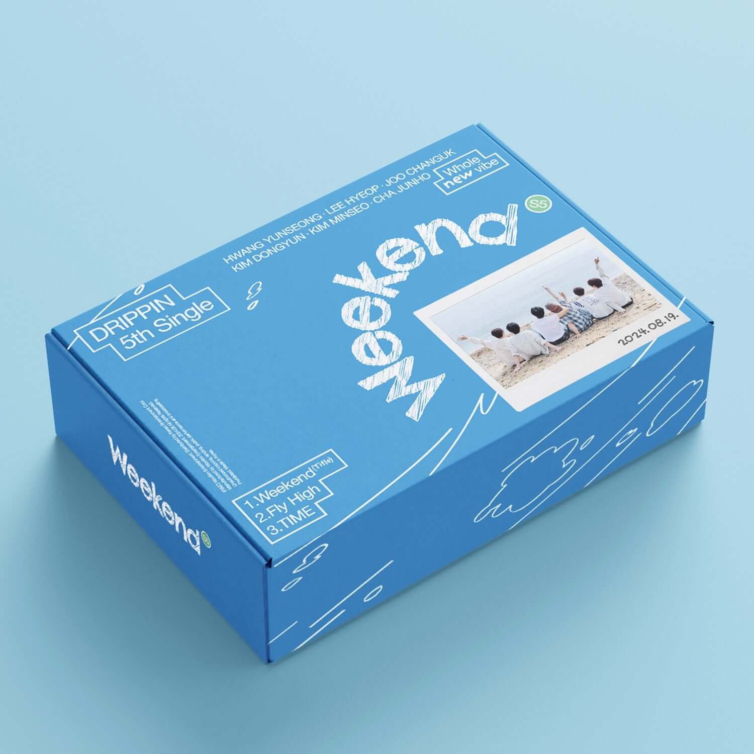 DRIPPIN - 5th Album [Weekend] (Weekend Ver.) - Album Kpop, boîte bleue sur fond bleu ciel, visuel Weekend