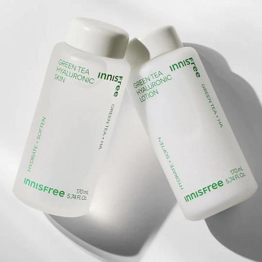 INNISFREE Green Tea Hyaluronic Skin 170ml, bouteille blanche sur fond clair, photo produit, marque Innisfree, soins visage