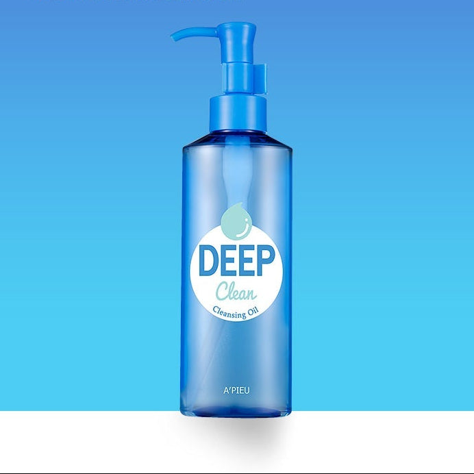 A'PIEU Deep Clean Cleansing Oil 160ml, flacon pompe bleu sur fond bleu, soin nettoyant visage
