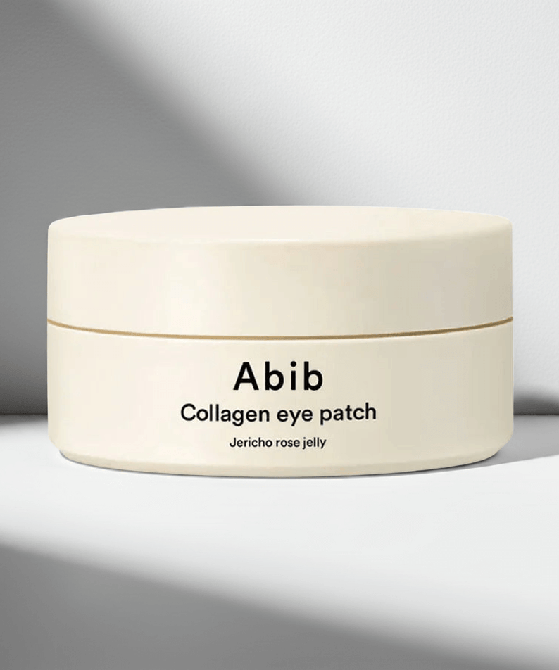 Décris l'image en français : ABIB Collagen Eye Patch Jericho Rose Jelly 90g, pot crème Abib sur fond clair.