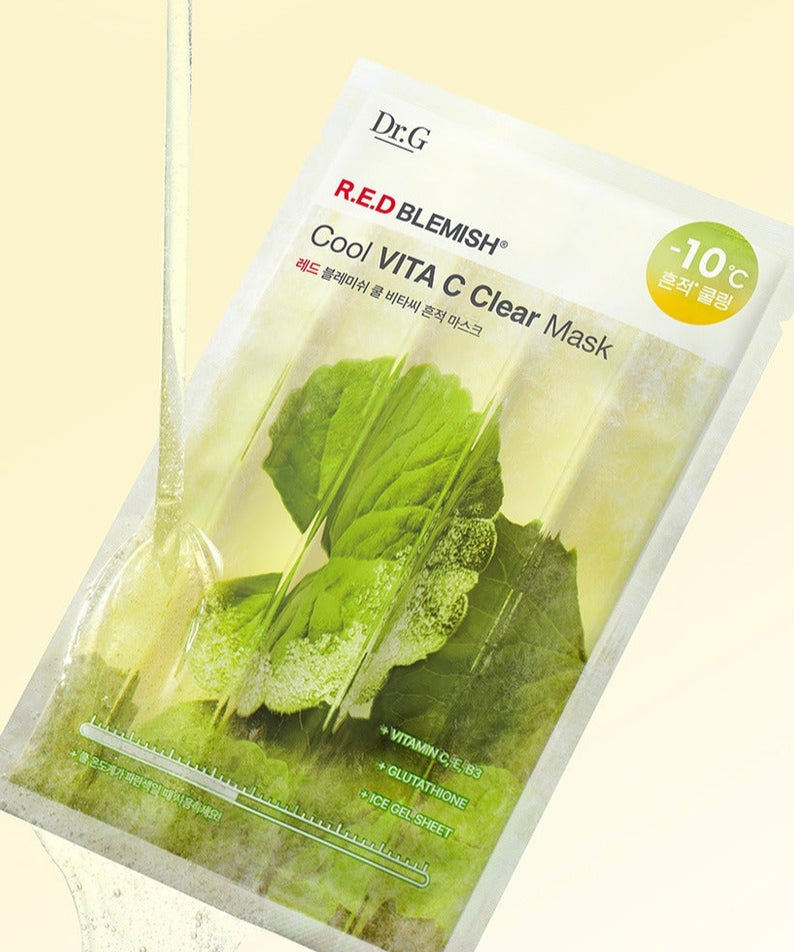 Dr.G Red Blemish Cool Vita C Trace Mask 10 Sheets : masque visage vert rafraîchissant de la marque, en sachet.