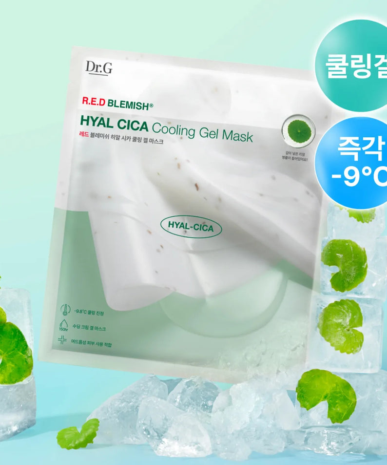 Décris l'image en français: Dr.G Red Blemish Hyal Cica Cooling Gel Mask 1 Sheets, masque gel frais sur fond bleu.