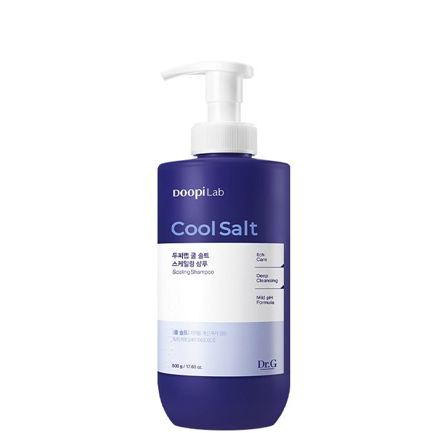 Dr.G Scalp Lab Cool Salt Scaling Shampoo 500g, bouteille bleue avec pompe, produit Dr.G, fond blanc, vue produit