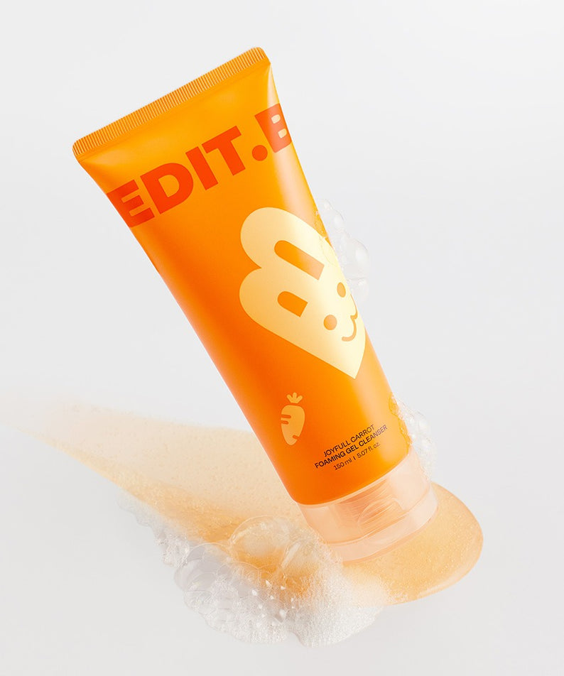 EDIT.B Joyful Carrot Foaming Gel Cleanser 150ml, nettoyant mousse visage à la carotte, 150ml, sur fond blanc.