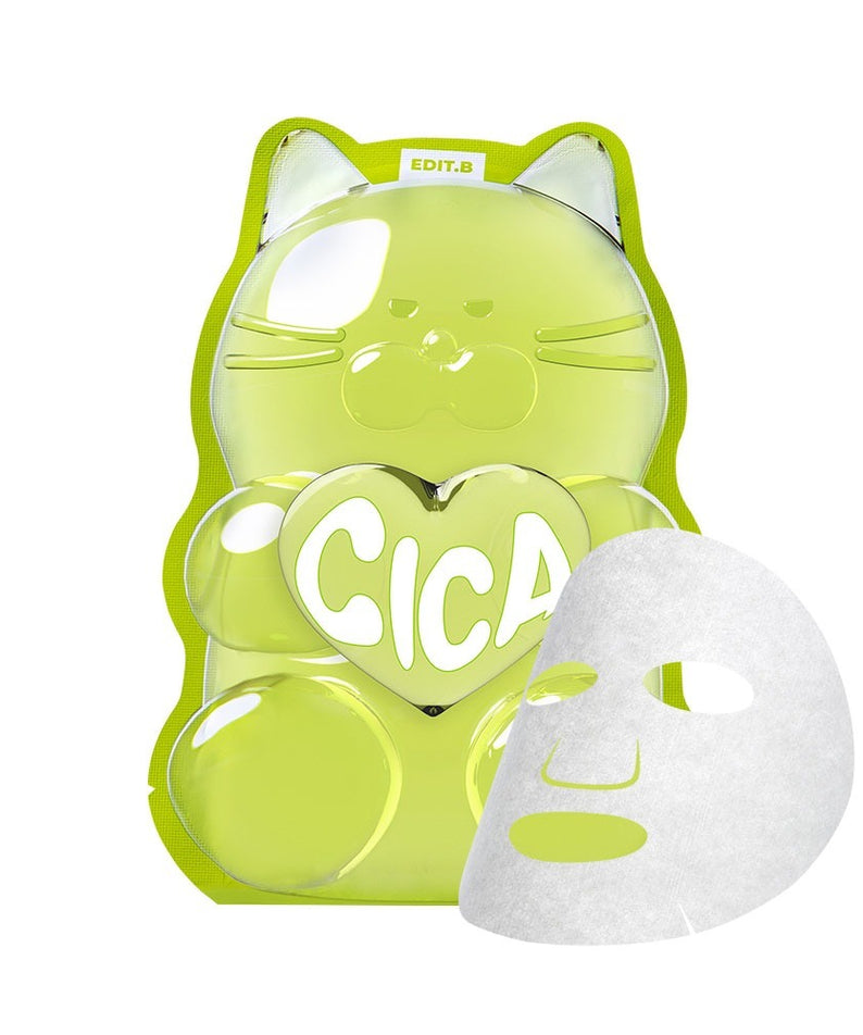 EDIT.B Waterfull Gumi Mask Cica de la marque EDIT.B, masque gélatineux chat Cica, fond blanc, avec feuilles de cica.