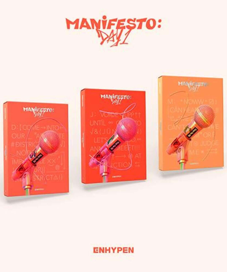 ENHYPEN - [MANIFESTO : DAY 1] (Random) - Album Kpop, jaquettes orange au style mature avec microphones, affiche promo.