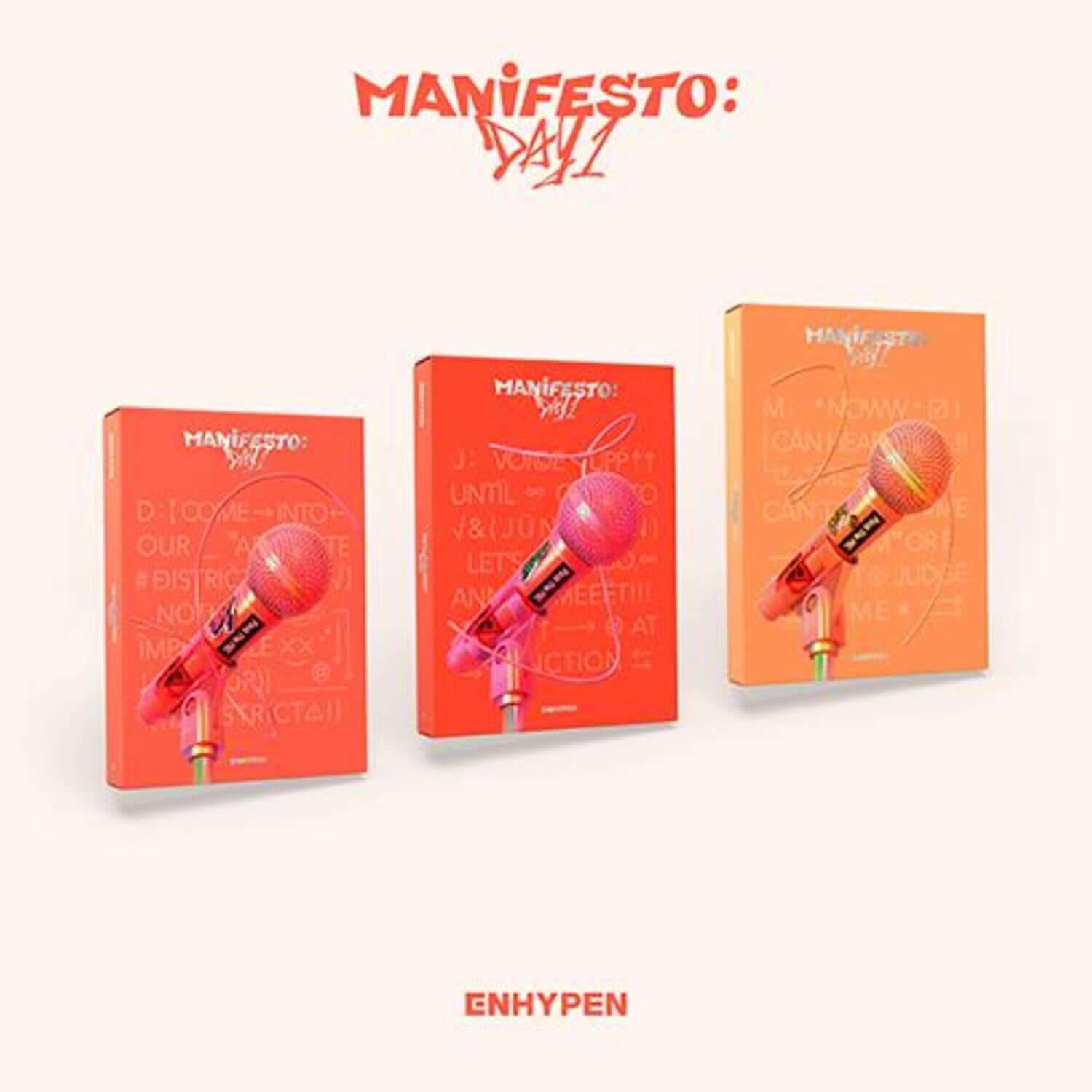 ENHYPEN - [MANIFESTO : DAY 1] (Random) - Album Kpop, jaquettes orange au style mature avec microphones, affiche promo.