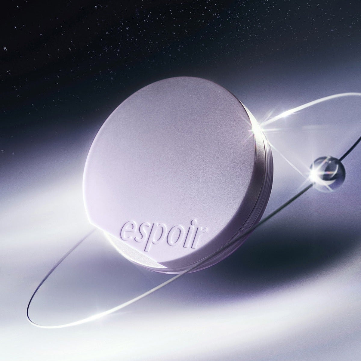 ESPOIR Bevelvet Cover Cushion SPF42 PA++ [Galaxy Beam Collection] de marque ESPOIR, en écrin galaxie violet, halo lumineux.