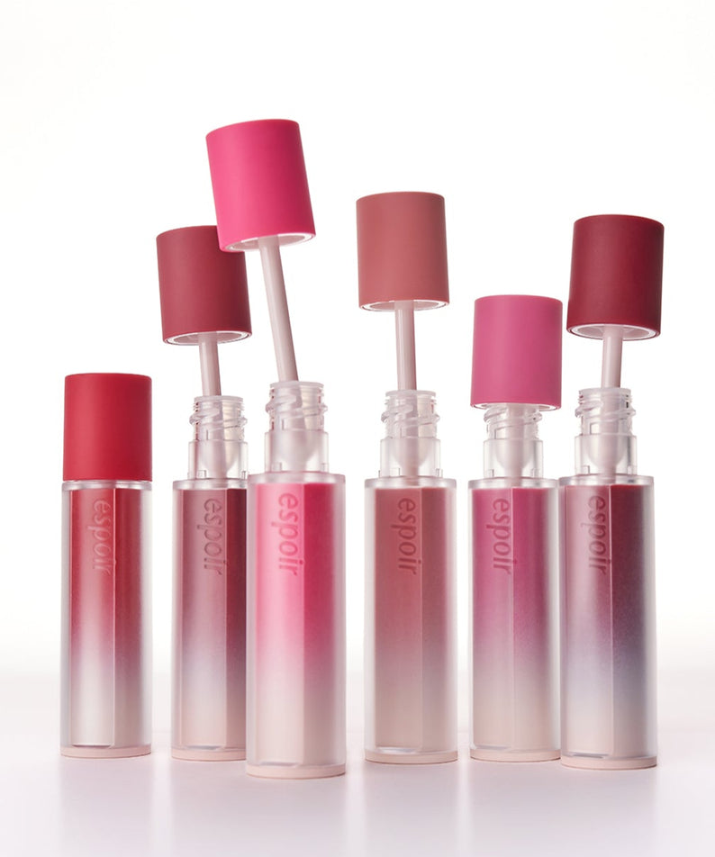 Collection de tubes ESPOIR Couture Lip Tint Fitting Blur dans différentes teintes élégantes sur fond blanc.