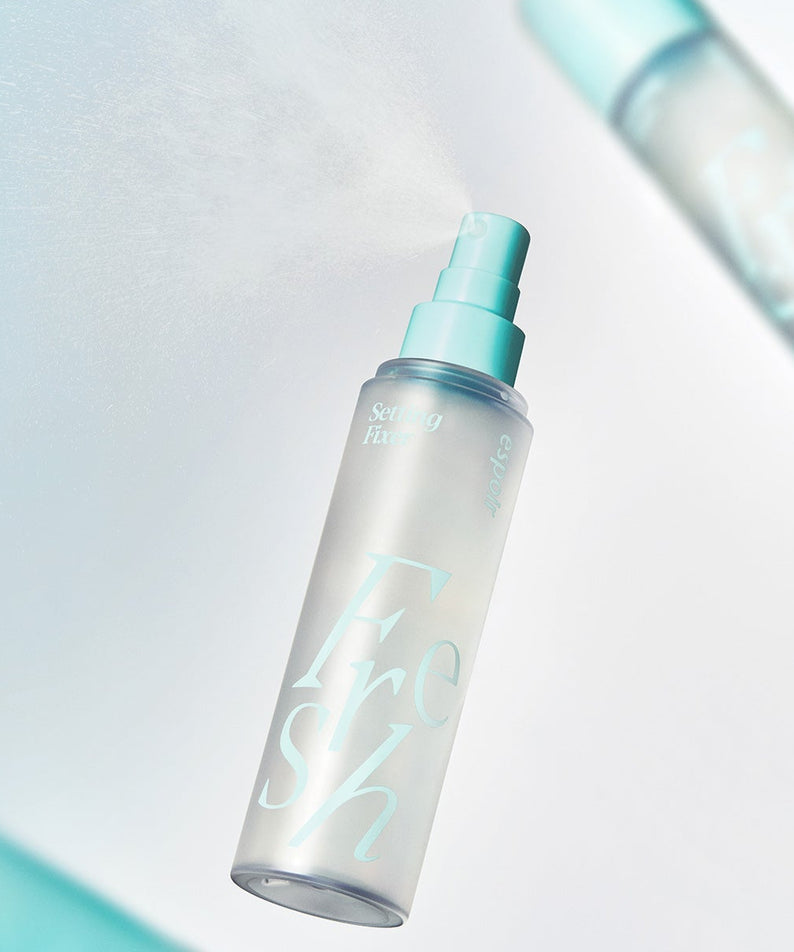 Vaporisateur cosmétique ESPOIR Fresh Setting Fixer 100ml, fixateur maquillage pour une tenue parfaite, design moderne.