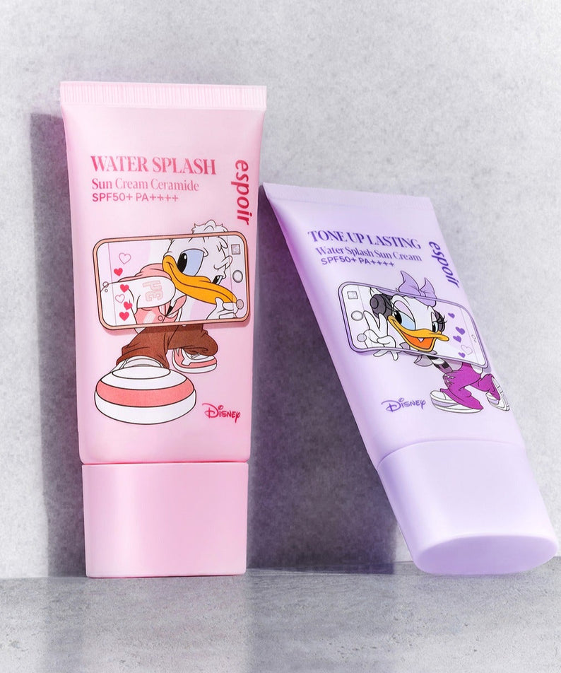ESPOIR Water Splash Sunscreen Tone Up Lasting [Disney Edition] avec personnages Disney vibrant et coloré.