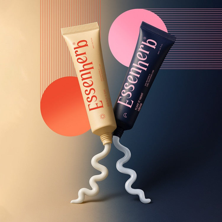 ESSENHERB  Day To Night Routine Program 30ml, crème en tube sur fond bleu nuit, mise en scène cosmétique marque Essenhherb