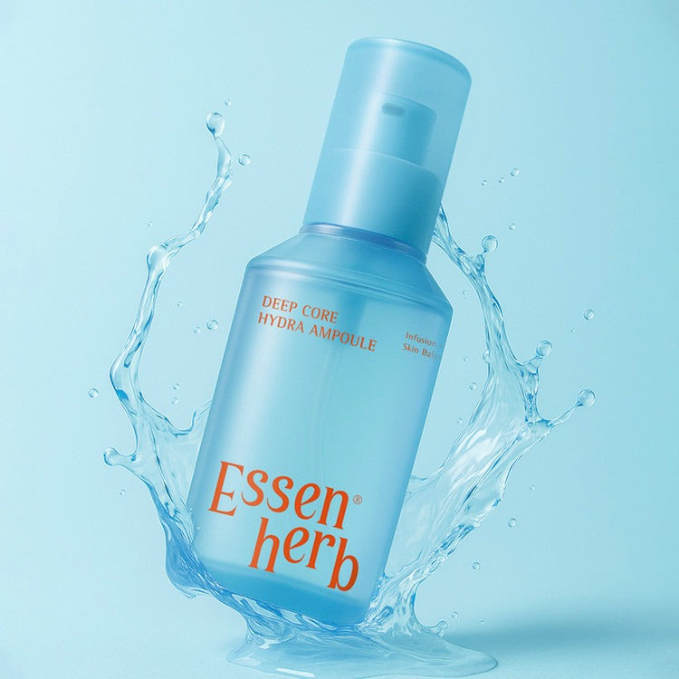 ESSENHERB  Deep Core Hydra Ampoule 120ml, flacon bleu avec éclaboussures d’eau sur fond clair, photo produit
