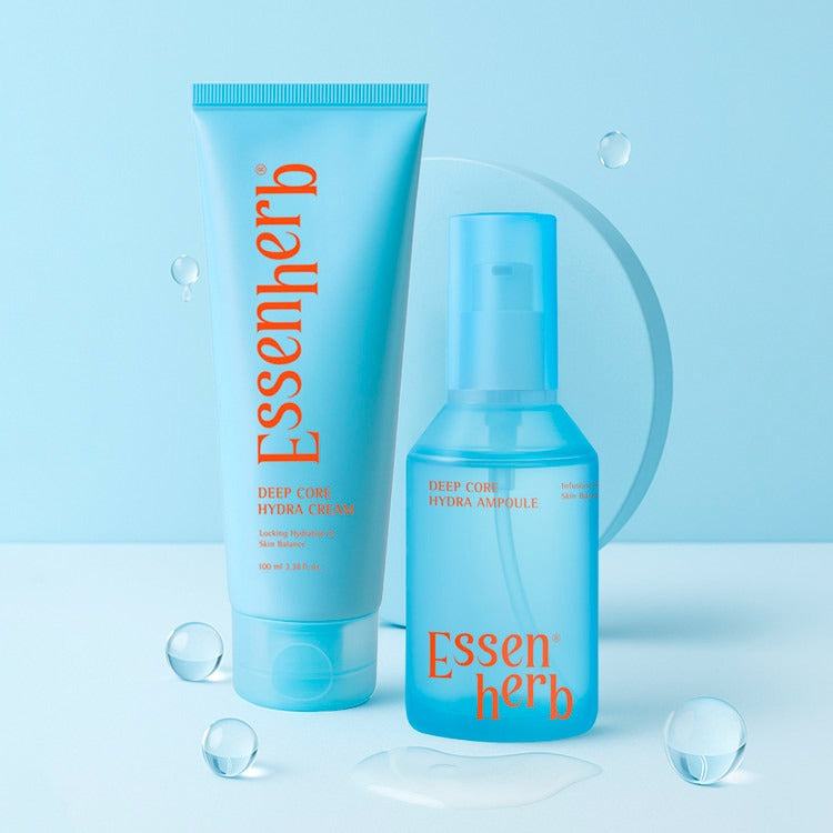 ESSENHERB  Deep Core Hydra Ampoule 120ml, crème et flacon sur fond bleu avec gouttes d’eau, visuel produit.