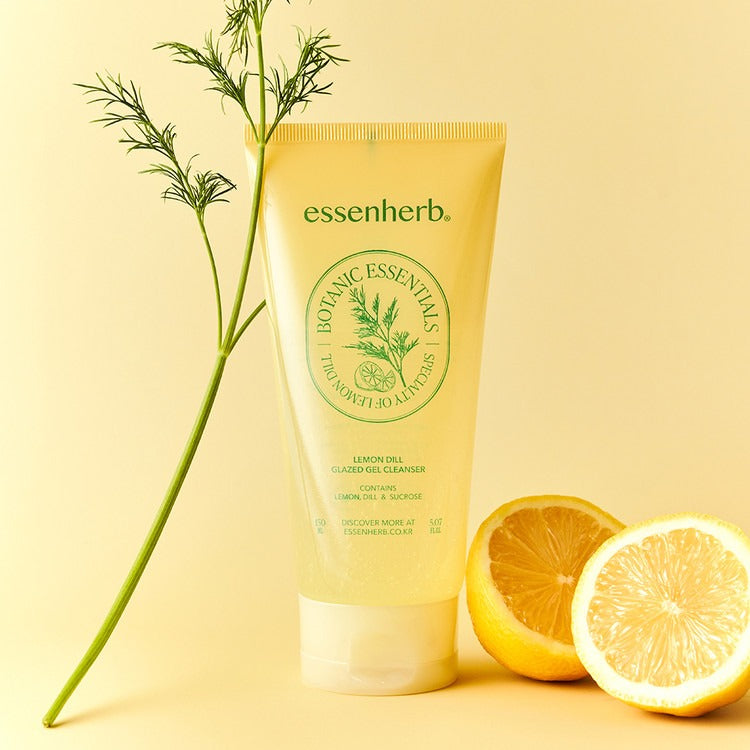 ESSENHERB  Lemon Dill Glazed Gel Cleanser 150ml de marque, sur fond beige avec citron et aneth.
