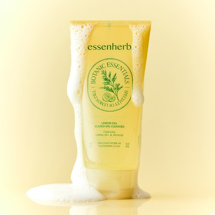 ESSENHERB  Lemon Dill Glazed Gel Cleanser 150ml : gel nettoyant citron-dill, tube jaune sur fond clair, packaging essenherrb
