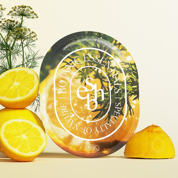 ESSENHERB  Lemon Dill Radiant Glow Cotton Mask 5EA : masque sur fond citron, aneth et agrumes, pack produit.