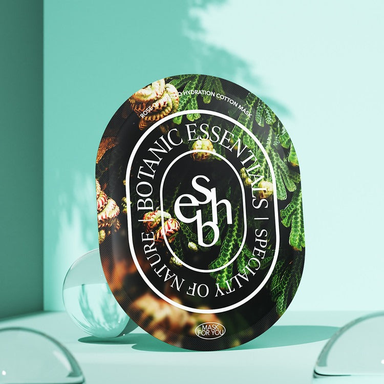 ESSENHERB  Rose of Jericho Hydration Cotton Mask 5EA, masque en boîte sur fond turquoise, décor végétal et verre