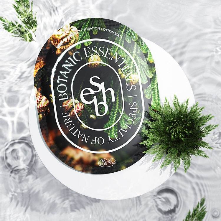 ESSENHERB  Rose of Jericho Hydration Cotton Mask 5EA, masque en tissu sur fond blanc, marque et éléments verts de la Rose de Jéricho