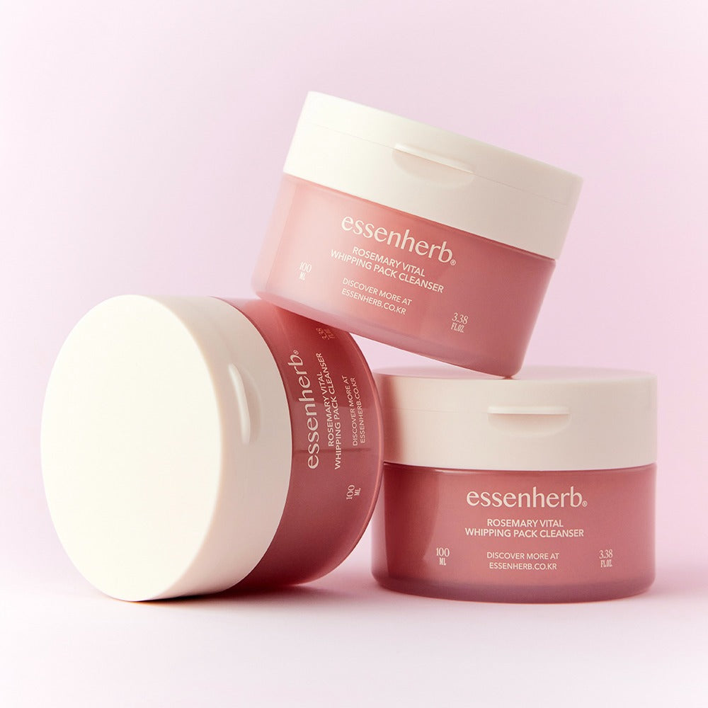 ESSENHERB  Rosemarry Vital Whipping Pack Cleanser 100ml, pots crème sur fond rose, vue produit marque essenherb.