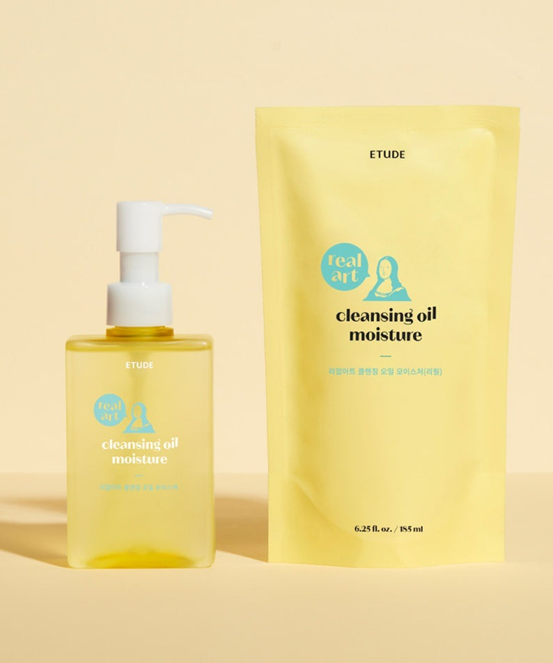ETUDE  Real Art Cleansing Oil Moisture 2-piece set (185ml+185ml) : huile démaquillante ETUDE sur fond beige.