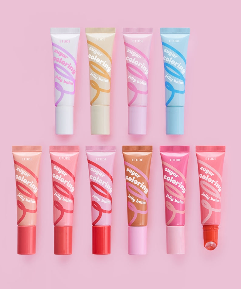 ETUDE  Sugar Coloring Jelly Balm 9g : tubes colorés sur fond rose, maquillage lèvres, marque ETUDE