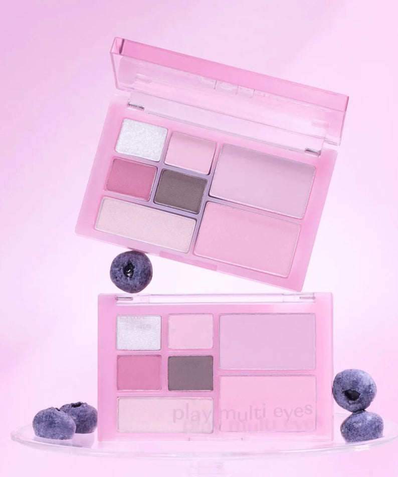 Palette de maquillage rose ETUDE Play Multi Eyes avec nuances élégantes, mise en scène artistique sur fond rose.
