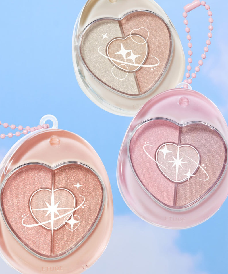 Trio d'ombres à paupières ETUDE Poyong Eye Maker dans des tons roses et dorés, esthétique céleste et élégante.