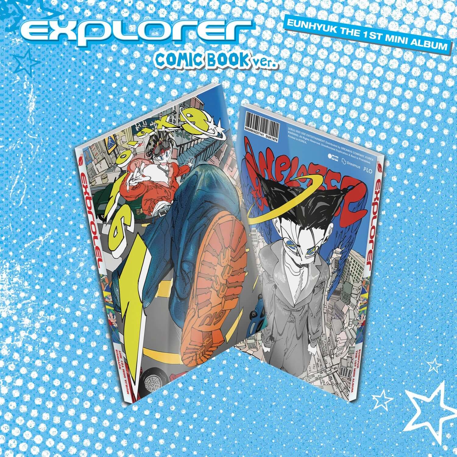 EUNHYUK - 1st Mini Album EXPLORER (Comic Book Ver.) - Album Kpop, couvertures BD sur fond bleu étoilé, photo produit