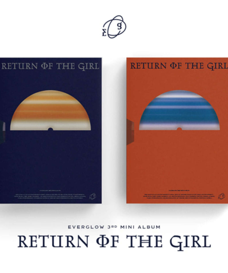 EVERGLOW - [Return of the girl] (Random) - Album Kpop : pochettes bleue et orange, visuel des disques du groupe, fond clair.