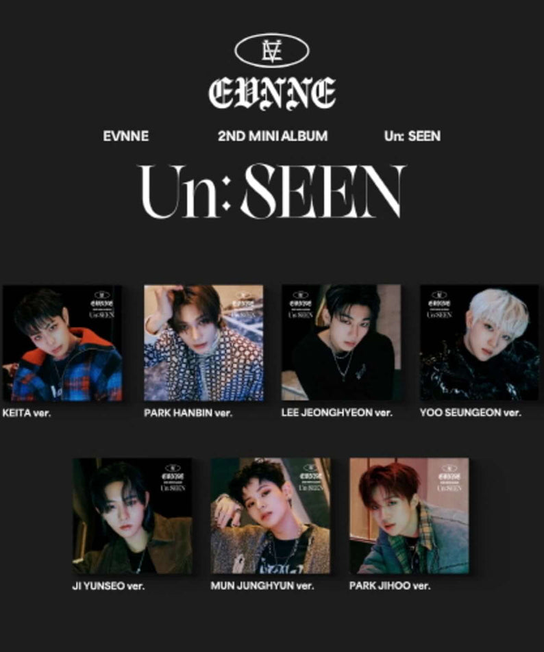 EVNNE - 2nd Album [Un: SEEN] Digipack VER. (7 Random) - Album Kpop, visuel cover noir avec photos des membres