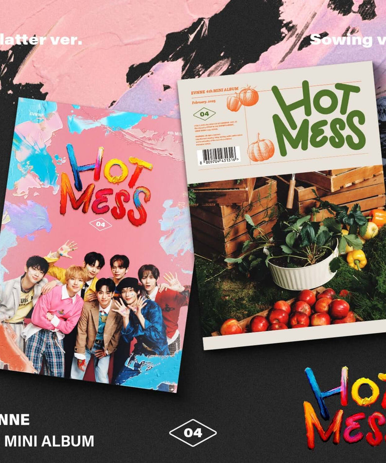 EVNNE - [HOT MESS] (Splatter Ver. / Sowing Ver.)(Set of 2) - Album Kpop : couvertures avec photos de groupe, fruits et légumes