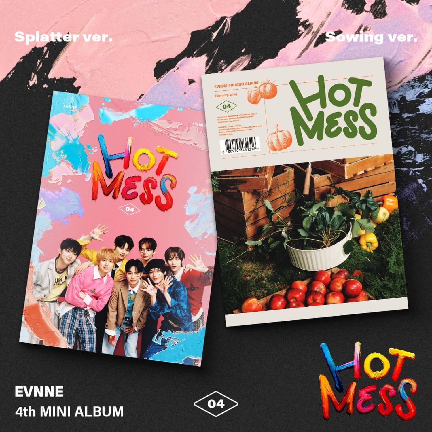 EVNNE - [HOT MESS] (Splatter Ver. / Sowing Ver.)(Set of 2) - Album Kpop : couvertures avec photos de groupe, fruits et légumes