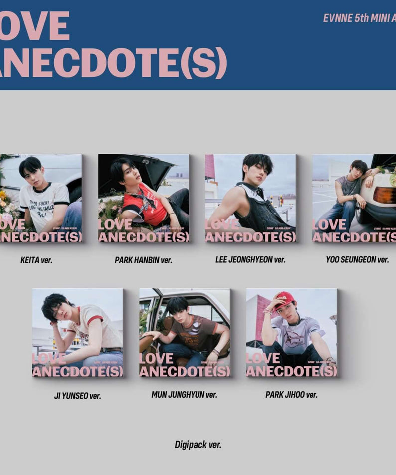 EVNNE - [LOVE ANECDOTE(S)] (Digipack ver.)(Random 1 of 7) - Album Kpop, cover et versions avec photos sur fond bleu.