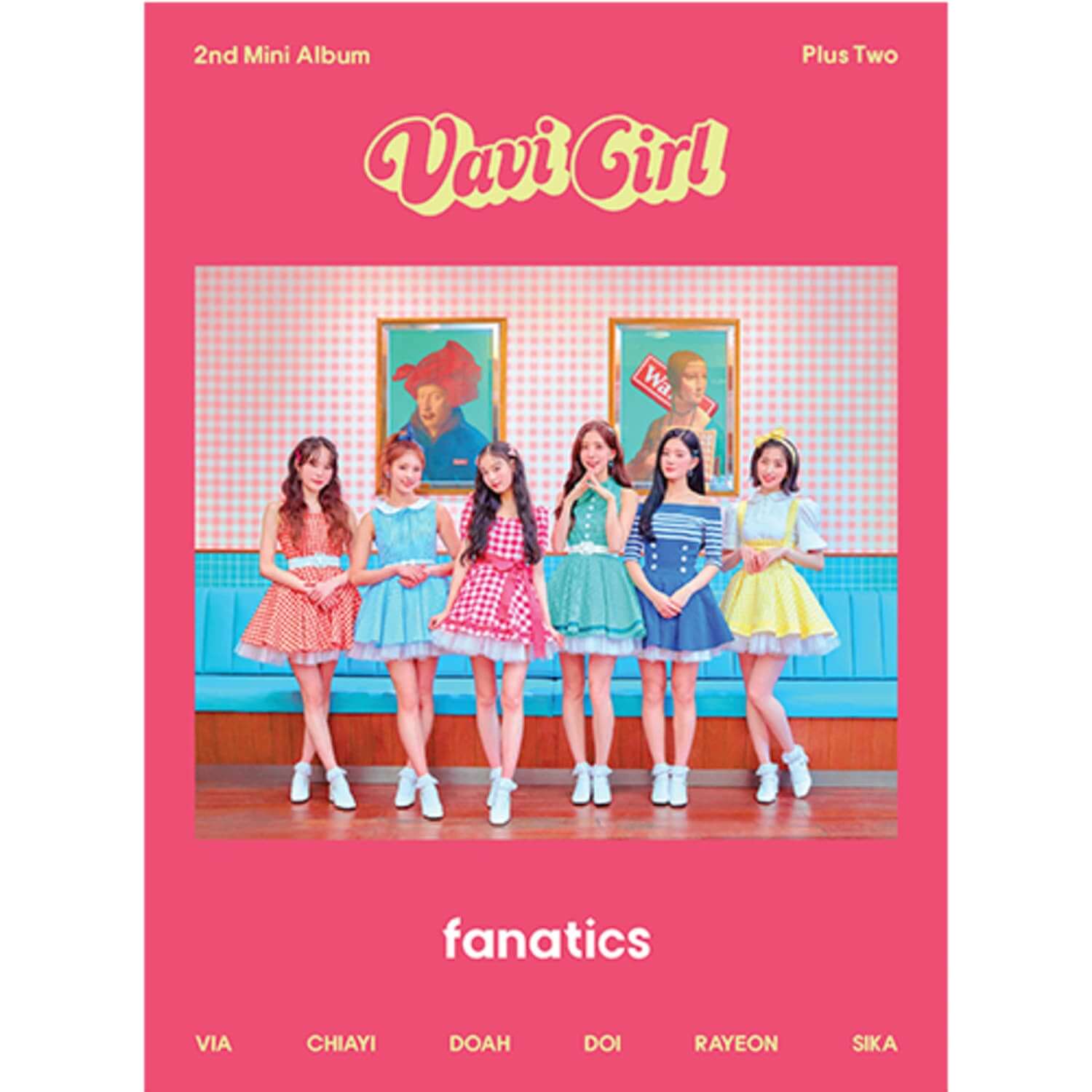 FANATICS - 2nd Album [PLUS TWO] - Album Kpop, pochette rose “Plus Two” avec groupe en tenues colorées, fanatics