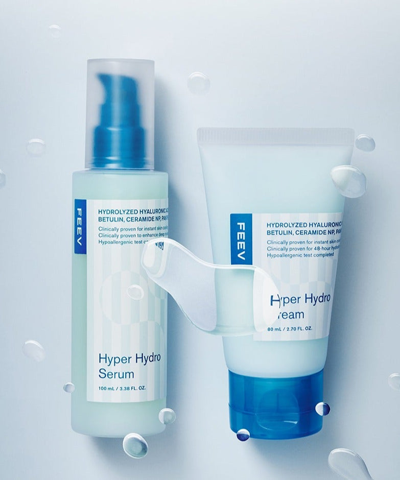 FEEV Hyper Hydro Cream 80ml hydratant visage avec sérum, soin intense pour peau éclatante et hydratée, flacon et crème.