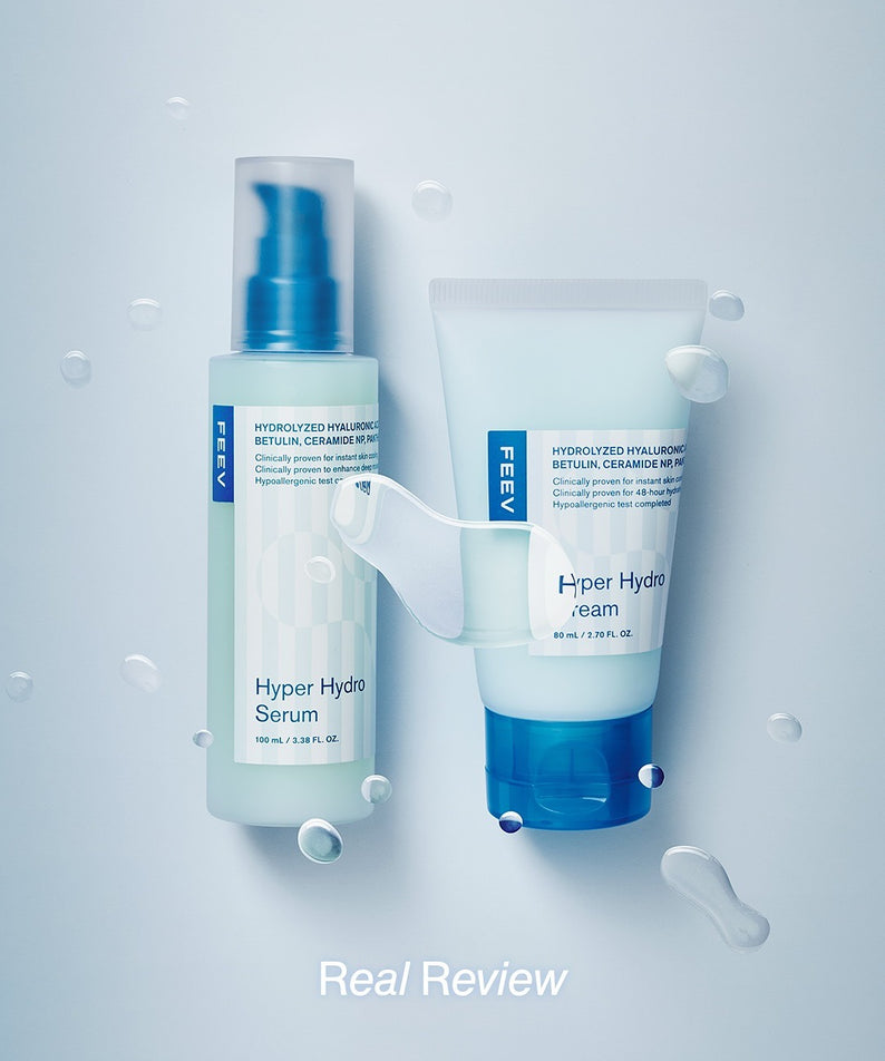 FEEV Hyper Hydro Serum 50ml, hydratation intense pour tous types de peau, flacon de 50ml, vue de face avec gouttelettes d'eau.