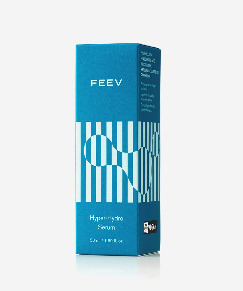 FEEV Hyper Hydro Serum 50ml, boîte de sérum hydratant bleu en 50 ml, soin visage hydratation intense, cosmétique vegan.