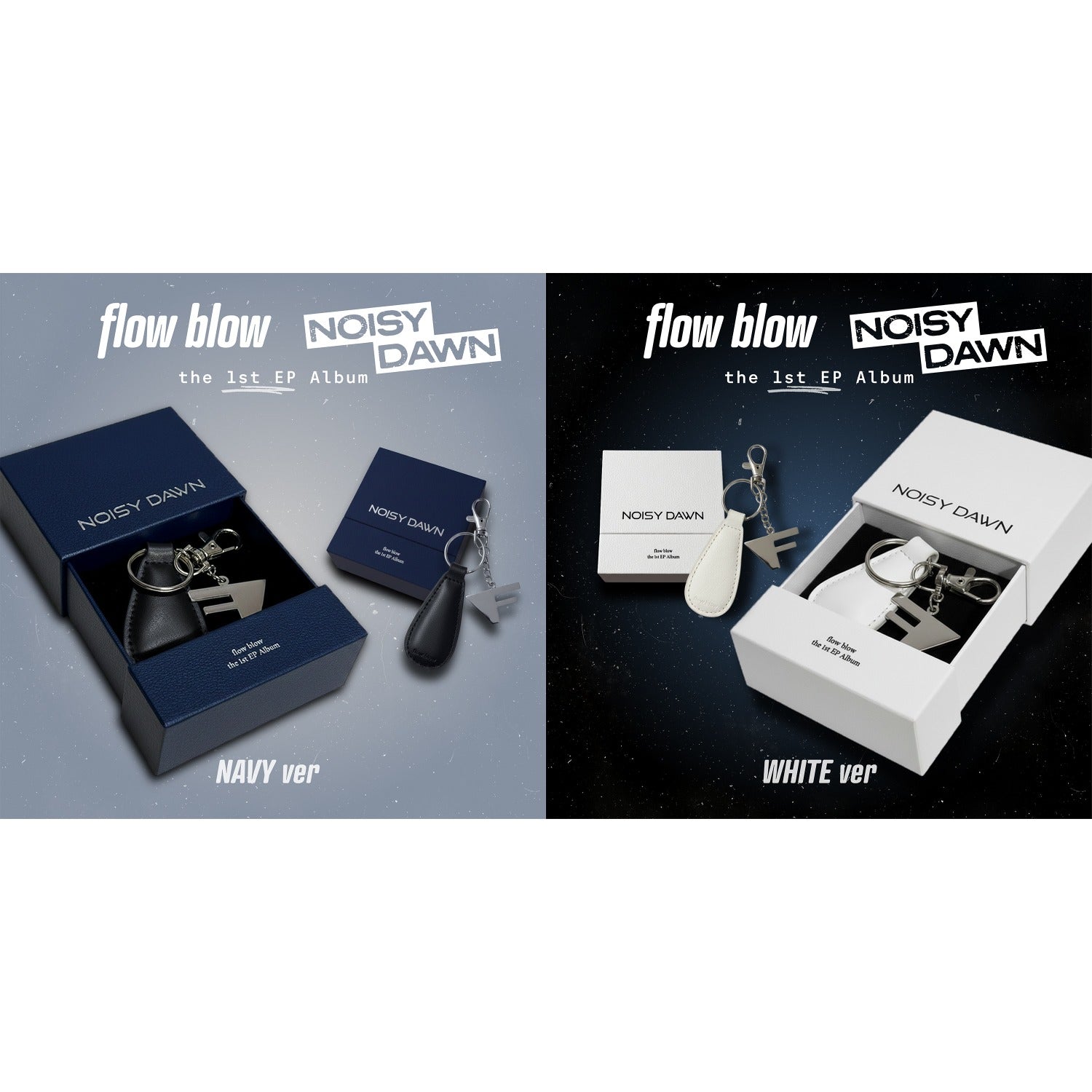 FLOW BLOW - [1st EP Album : NOISY DAWN] (Navy ver. / White ver.) (2 1 ) - Album Kpop, jaquettes avec porte-clés sur fond bleu et noir.
