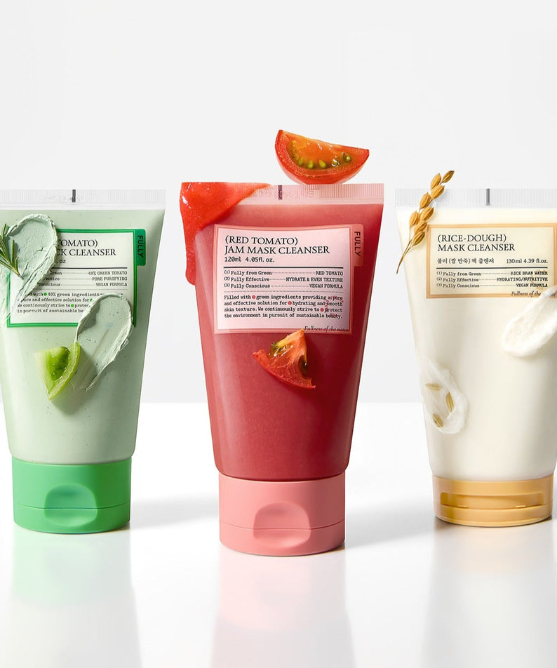 FULLY  Fully Pack Cleanser 3-piece set, produits FULLY sur fond blanc : nettoyant tomate et masque riz, pack de 3.