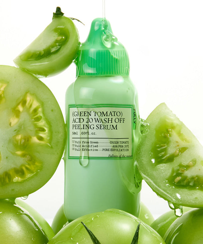 FULLY Green Tomato Acid 20 Wash-Off Peeling Serum 50ml : flacon vert et tomates, visuel produit cosmétique.