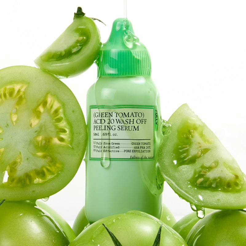FULLY Green Tomato Acid 20 Wash-Off Peeling Serum 50ml : flacon vert et tomates, visuel produit cosmétique.