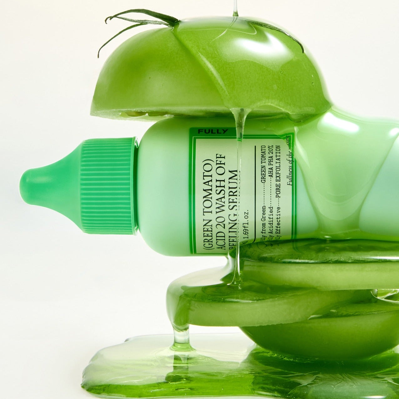 FULLY  Green Tomato Acid 20 Wash-Off Peeling Serum 50ml, marque FULLY, flacon vert sur fond clair, texture sérum en gouttes