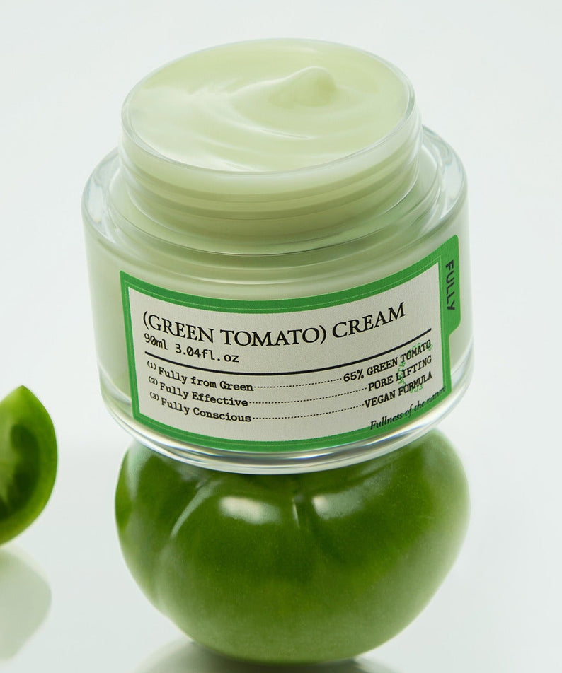 FULLY  Green Tomato Cream 90ml, pot crème verte FULLY sur fond blanc, contexte skincare cosmétique.