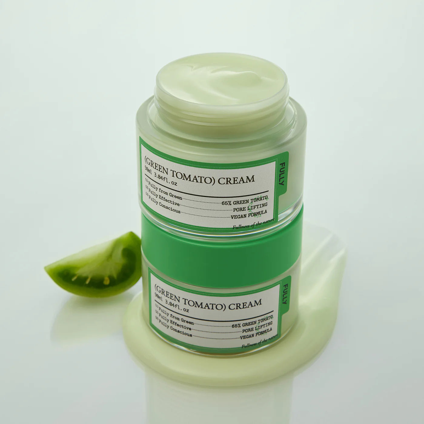 FULLY  Green Tomato Cream 90ml de la marque FULLY, pot crème verte sur fond clair, avec tranches de tomate verte.