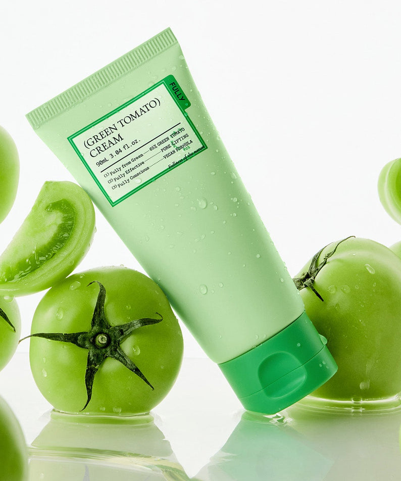 FULLY Green Tomato Cream Tube 90ml, crème pour le visage FULLY, tube vert avec tomates vertes sur fond blanc, gouttes